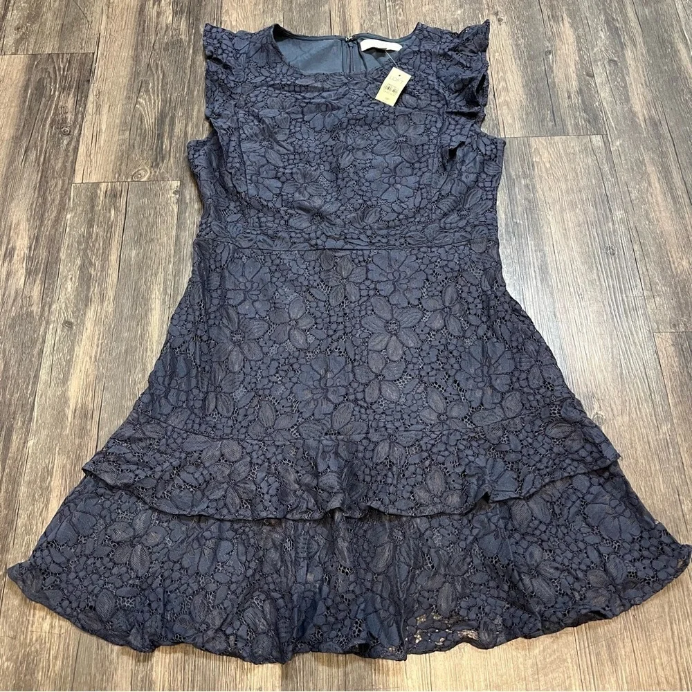 NWT Loft Navy Blue Floral Lace Ruffle Mini Flutter Sleeve Cocktail Dress 10P - Picture 3 of 15